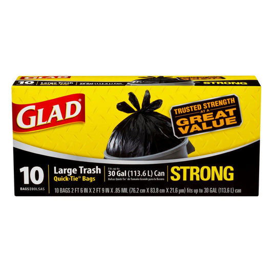 GLAD 30 GAL LARGE TRASH BAGS 10CT QUICK TIE 12/CS
