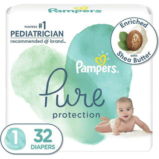 PAMPERS SIZE 1 PURE PROTECTION 32CT JUMBO PACK 4/CS