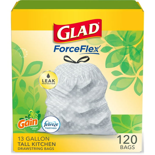 GLAD FORCE FLEX 13 GAL TALL KITCHEN BAGS 120CT W/GAIN ODOR SHIELD
