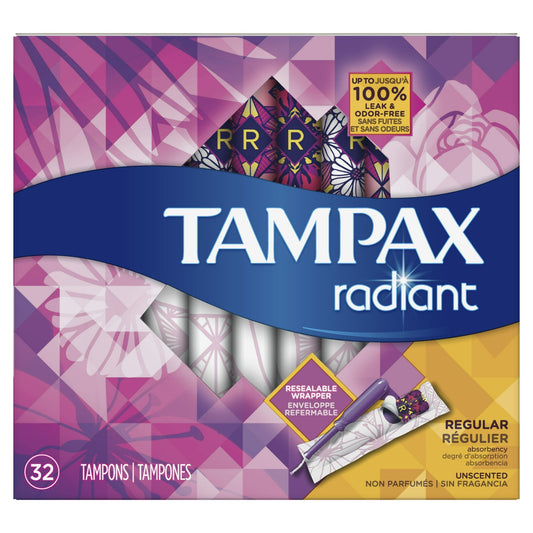 TAMPAX RADIANT 32 COUNT UNSCENTED & REGULAR ABSORENCY PLASTIC TAMPONS 6/CS