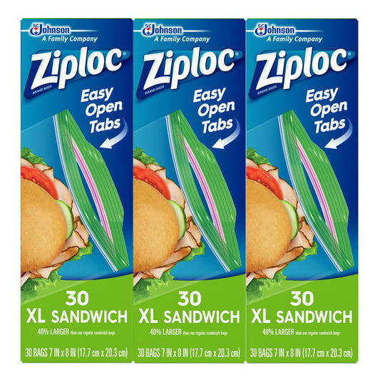 ZIPLOC 30CT XTRA LARGE SANDWICH BAGS 12/CS
