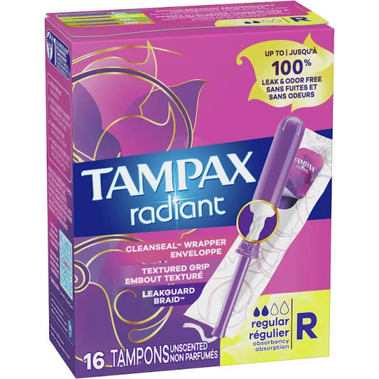 TAMPAX RADIANT 16COUNT UNSCENTED & REGULAR ABSORENCY PLASTIC TAMPONS 12/CS